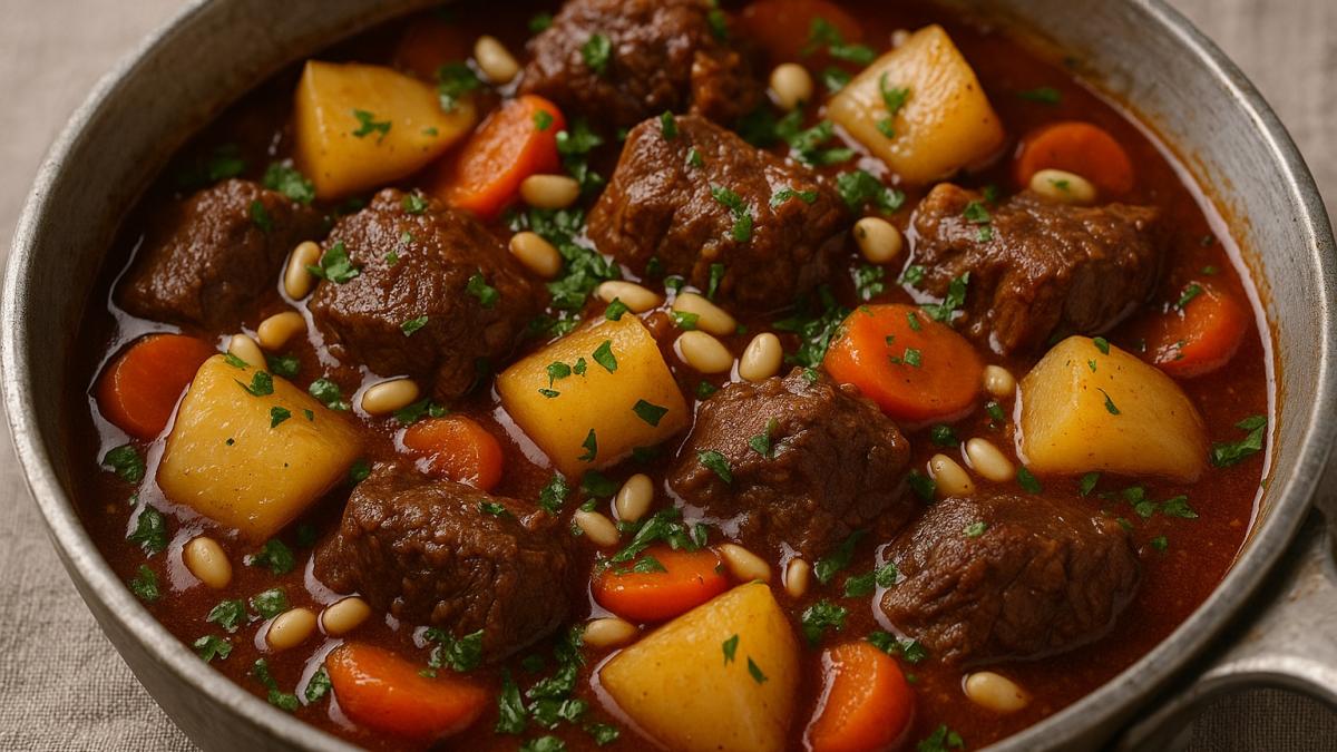 Жаркое из говядины с репой и кедровыми орехами