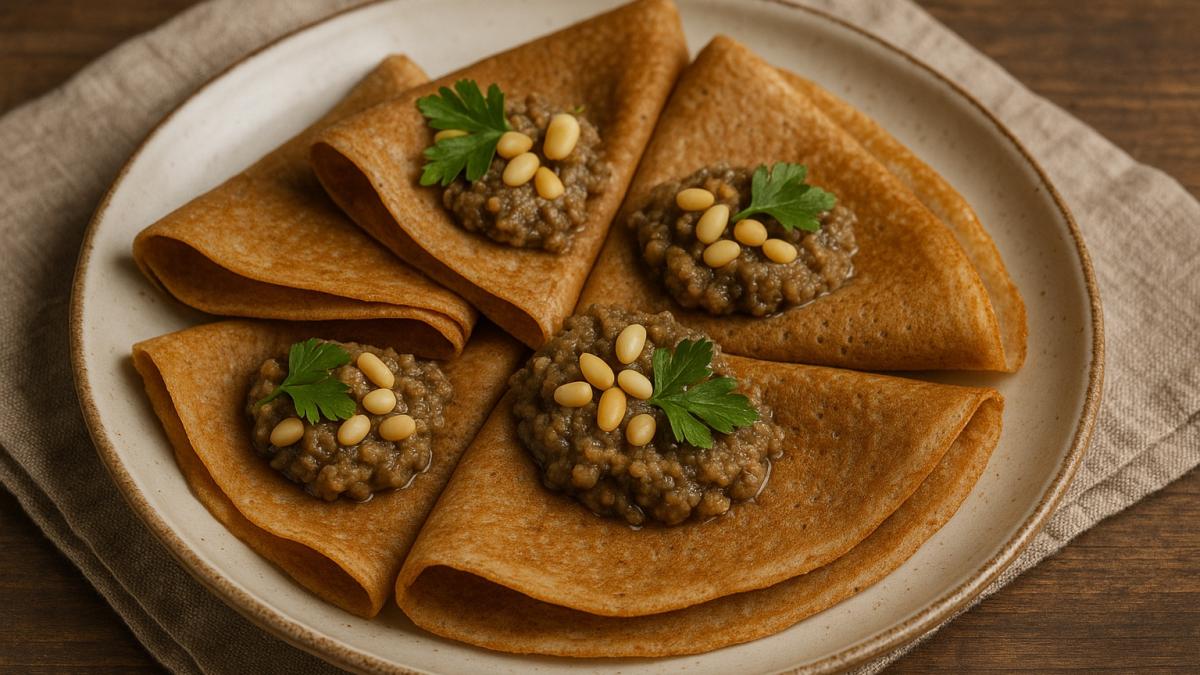 Гречневые блины с грибной икрой и кедровыми орехами