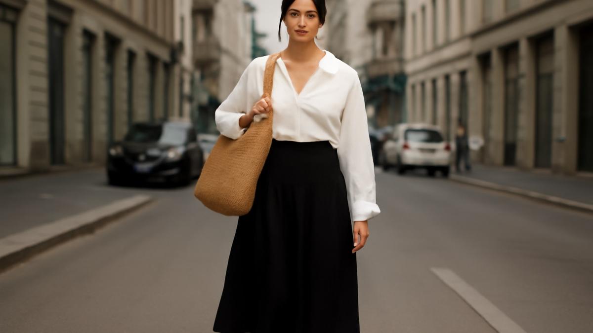 Молодая женщина в белой рубашке и черной юбке миди