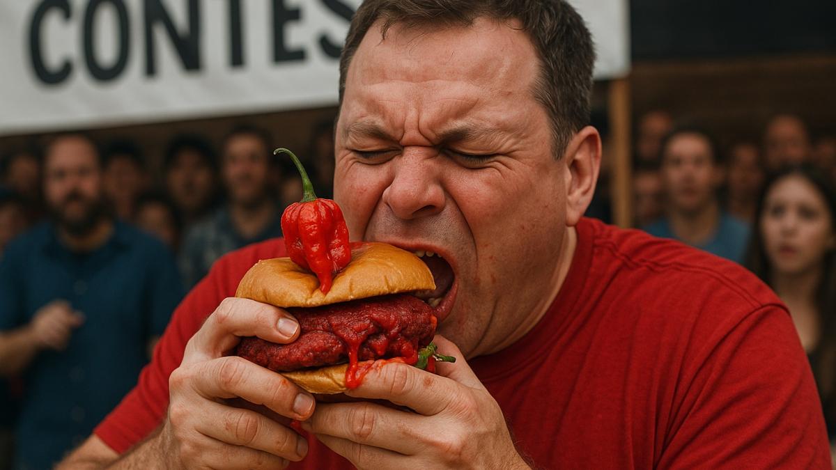 Мужчина ест бургер на конкурсе острой еды