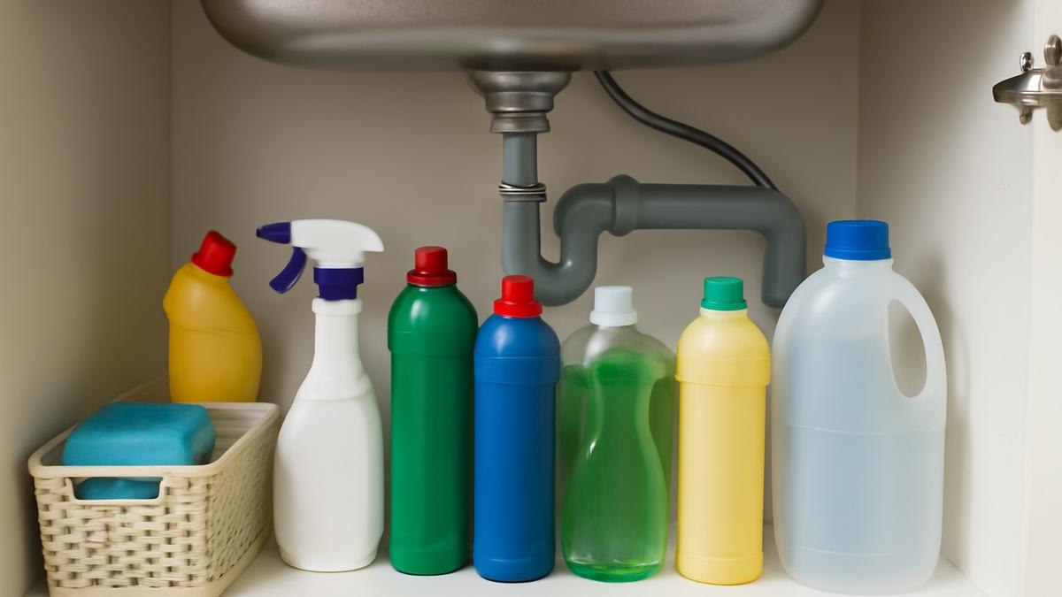 Пространство под раковиной с чистящими средствами