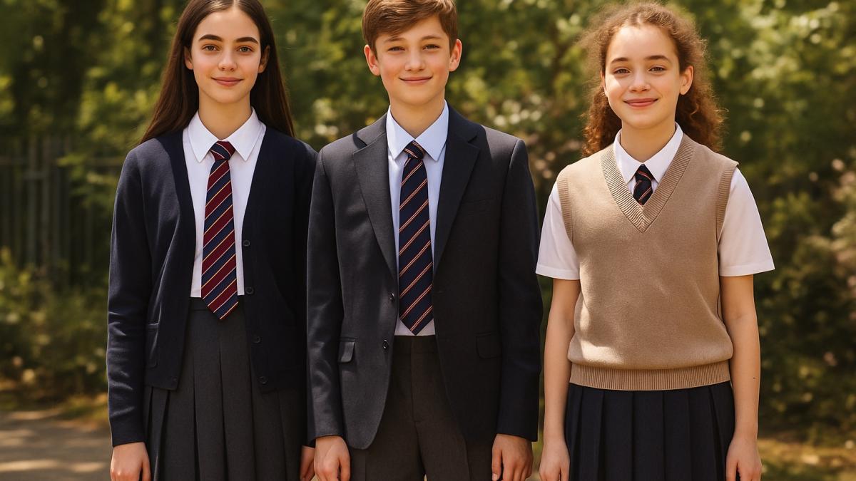 Современные школьники в форме на улице