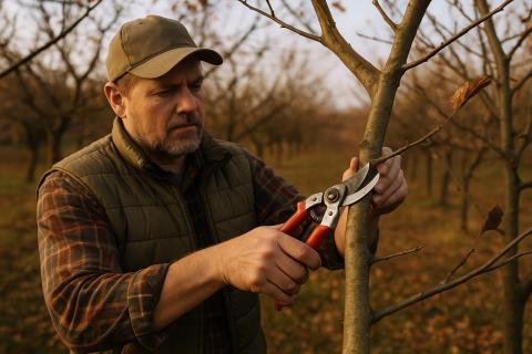 Садовод обрезает яблоню осенью