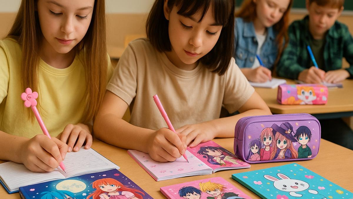 Школьники с яркой канцелярией