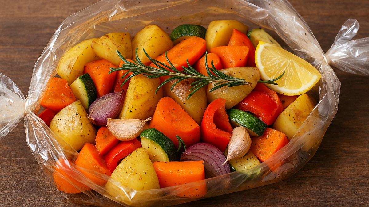 Овощи, запечённые в рукаве с розмарином