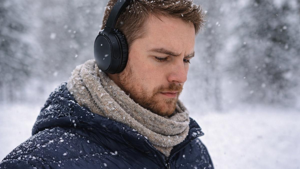 Мужчина в наушниках зимой
