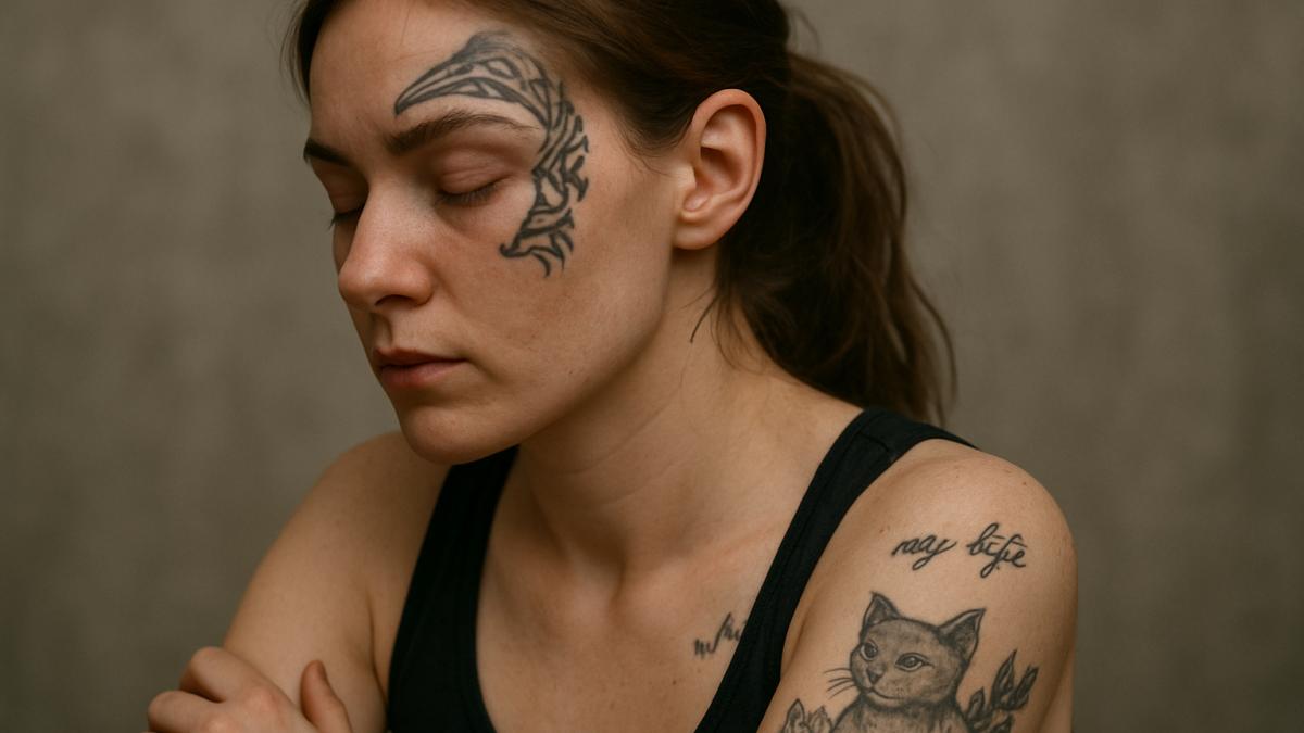 Девушка с татуировками в задумчивости