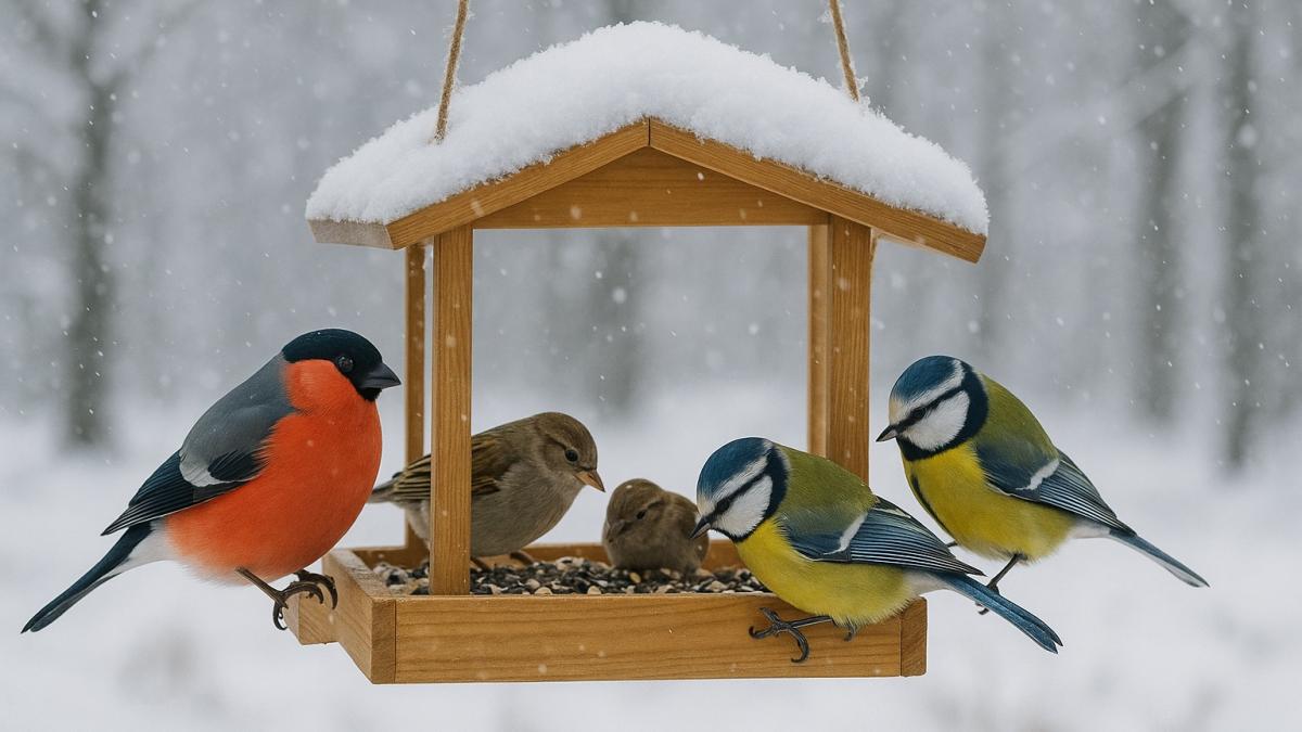 Зимующие птицы на снегу у кормушки