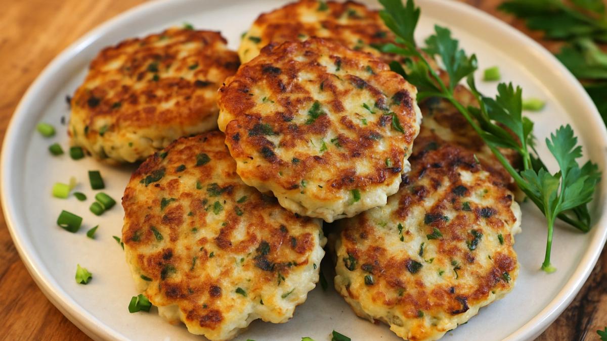 Оладьи из минтая с чесноком и зелёным луком