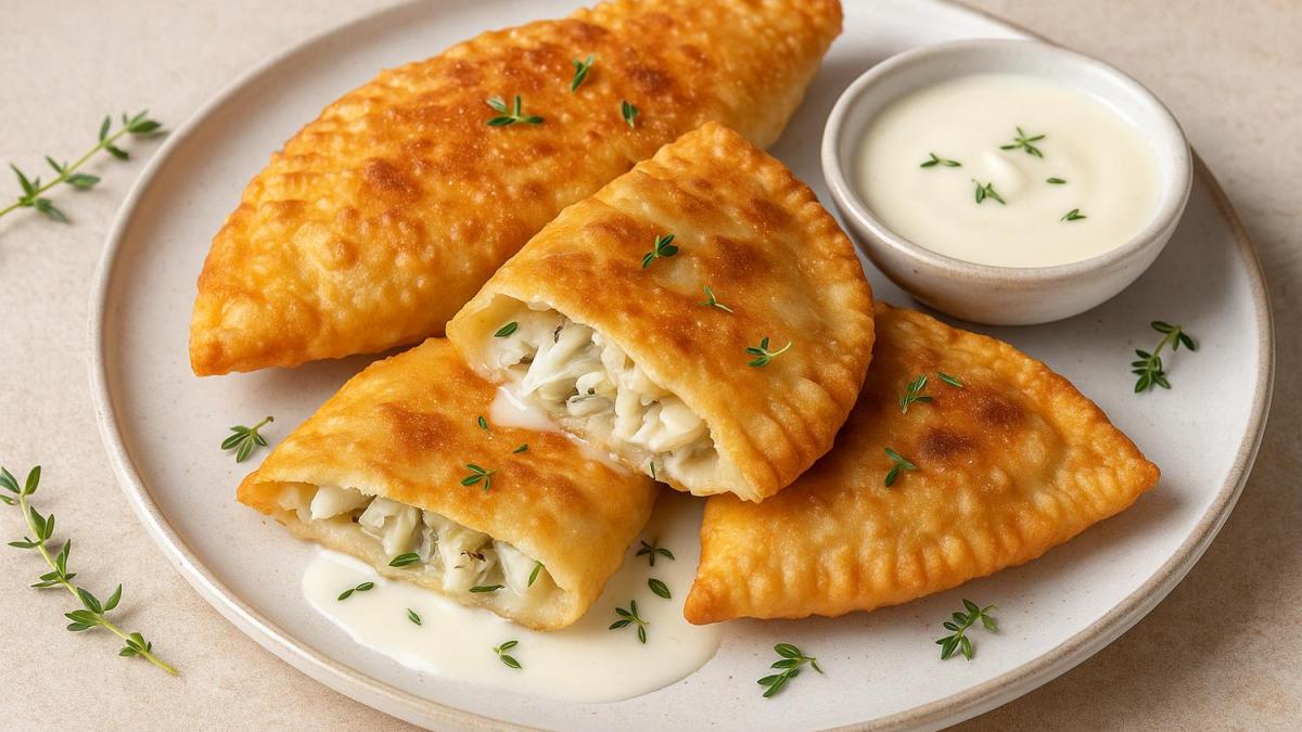 Чебуреки с рыбой, тимьяном и сливочным соусом Чебуреки с рыбой, тимьяном и сливочным соусом