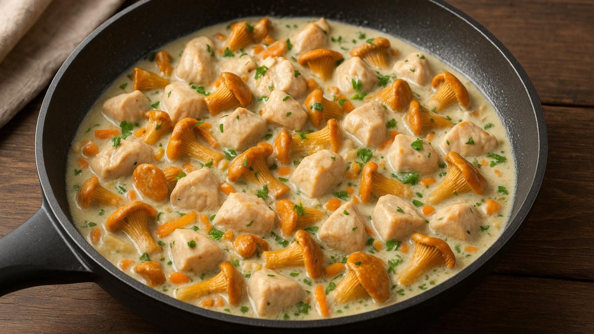 Куриное филе, тушёное с лисичками