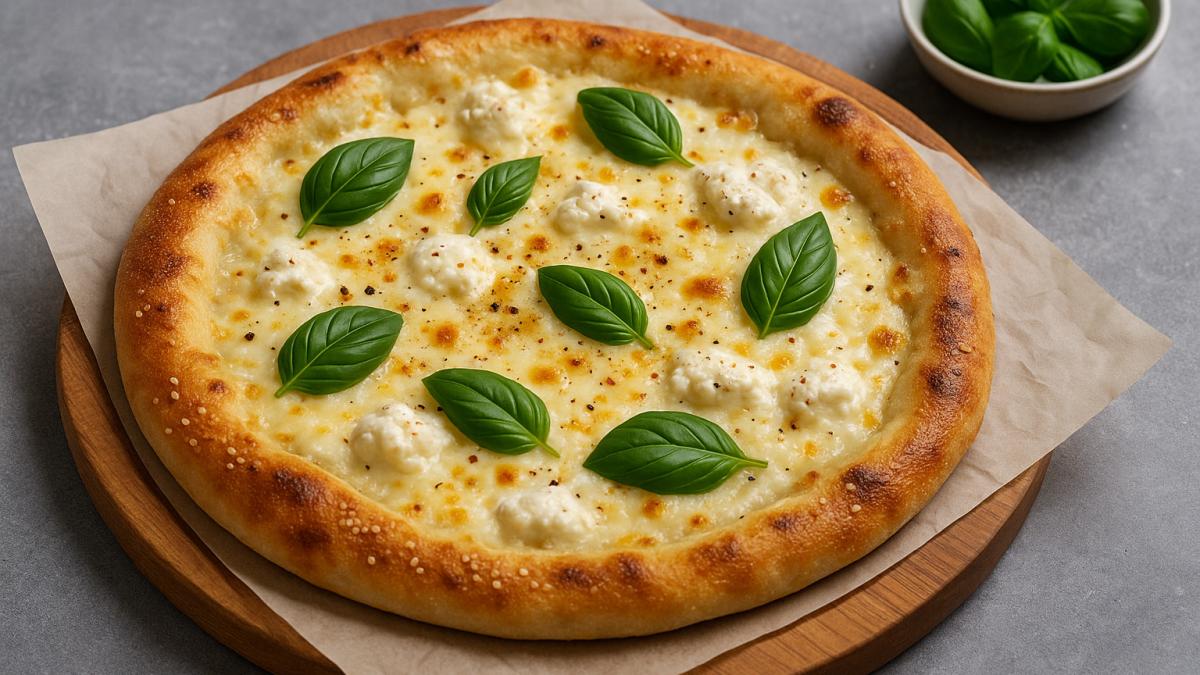 Белая пицца с сыром и базиликом