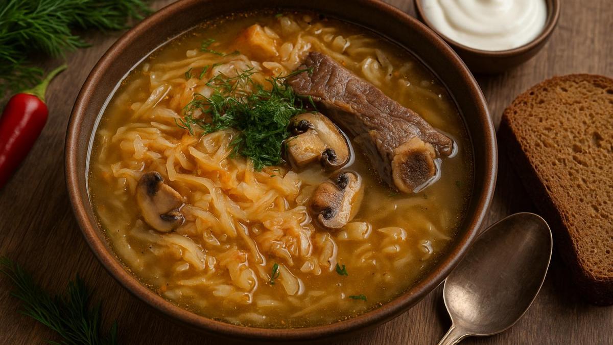 Суп из квашеной капусты с говядиной и грибами