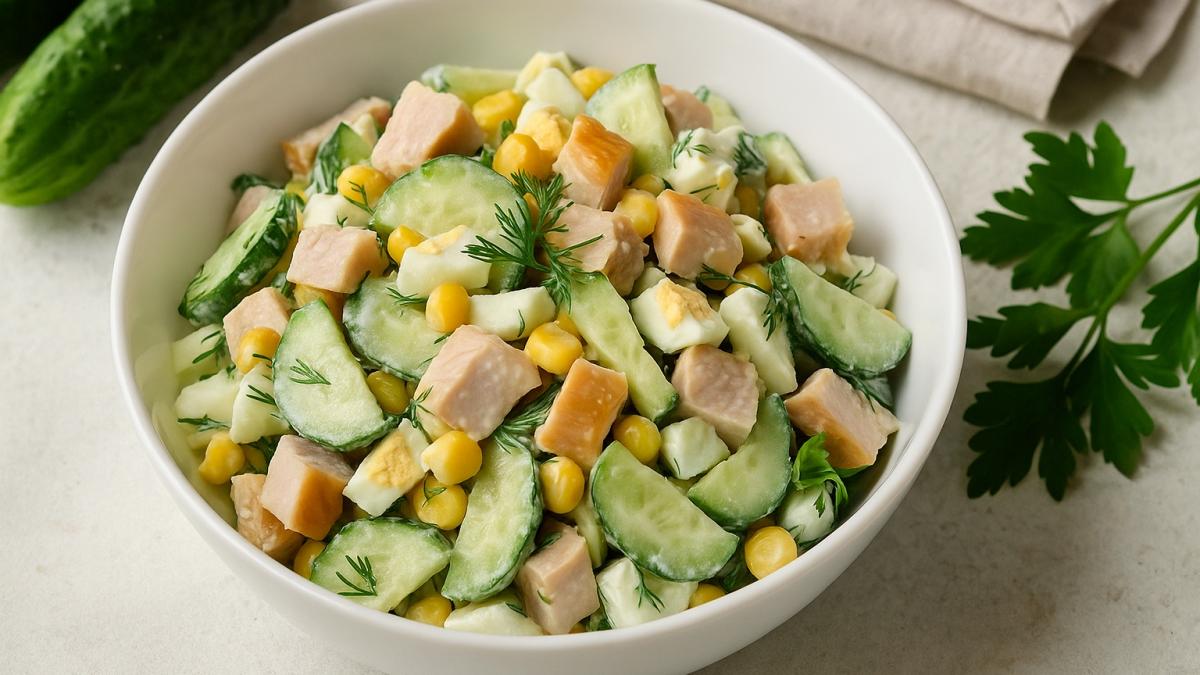 Салат с копчёной курицей и огурцом Салат с копчёной курицей и огурцом