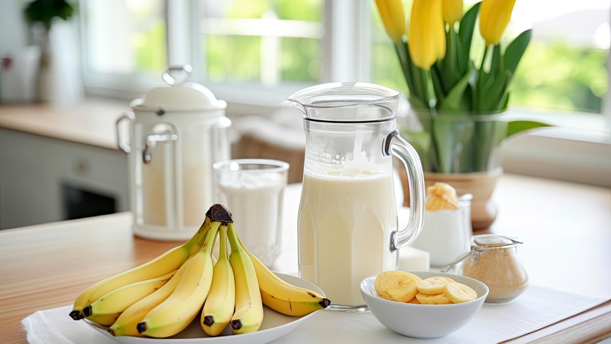 Бананы и молоко на столе