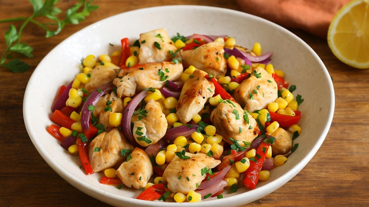 Тёплый салат с кукурузой и курицей Тёплый салат с кукурузой и курицей