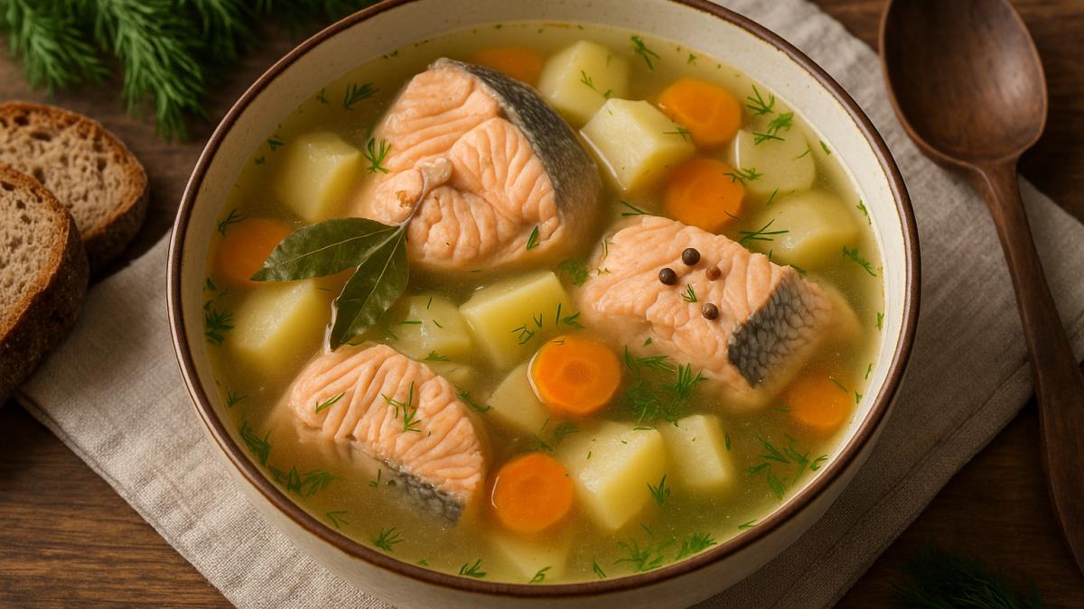 Поморская уха с сёмгой и кореньями