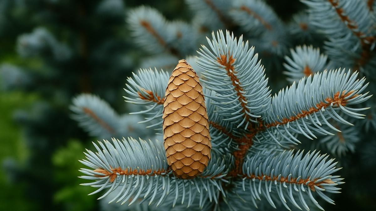 ветка голубой ели с шишкой