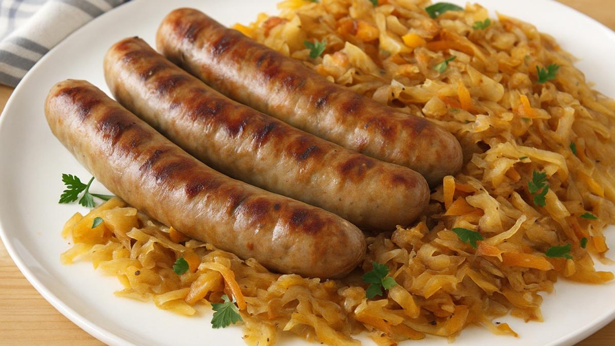 Немецкие колбаски с тушёной капустой Немецкие колбаски с тушёной капустой