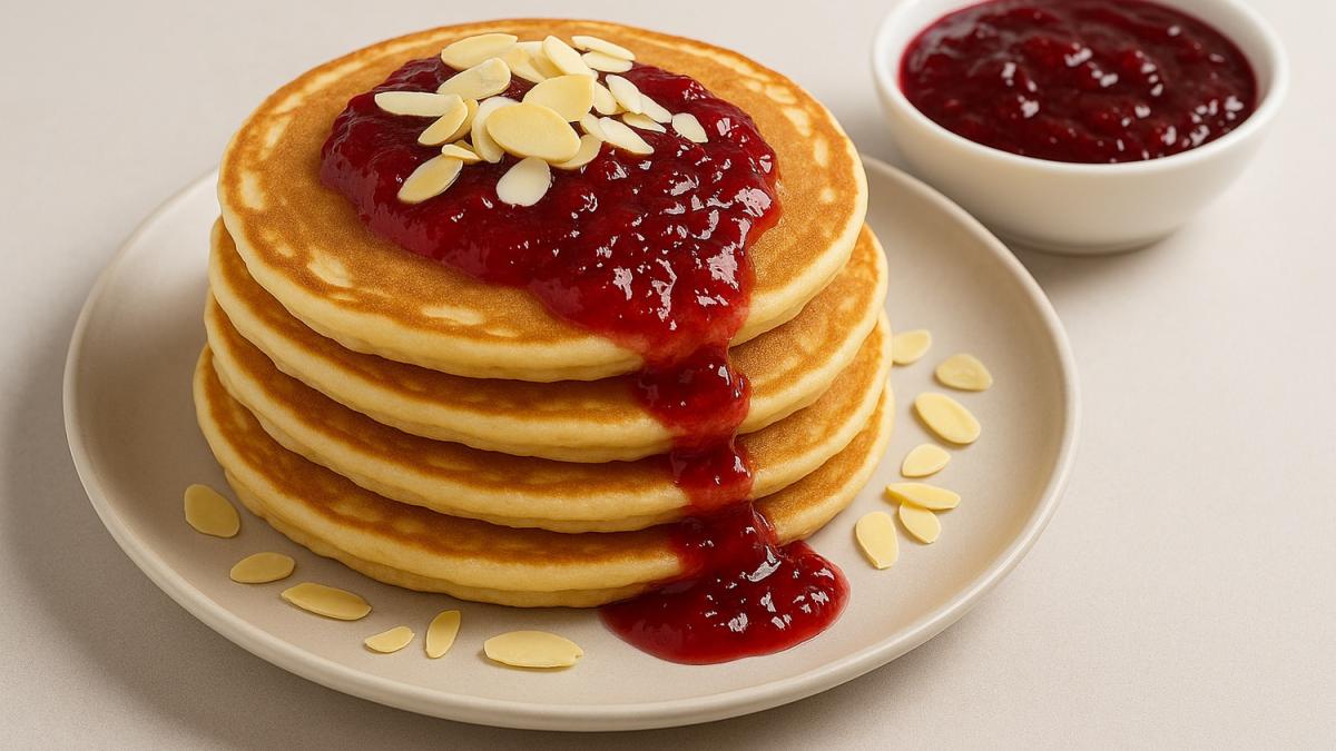 Панкейки с клюквенным джемом и миндалём Панкейки с клюквенным джемом и миндалём