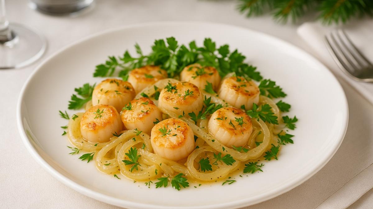 Тушёный морской гребешок с луком