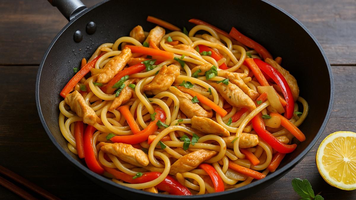 Лапша удон с курицей и овощами