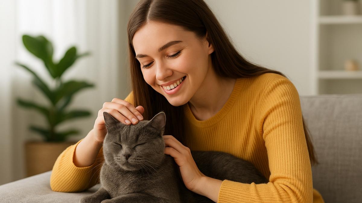 Девушка гладит кошку