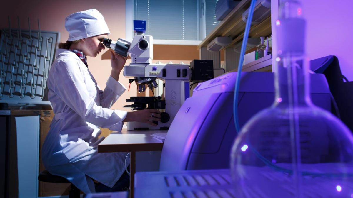 Студент проводит наблюдение через микроскоп