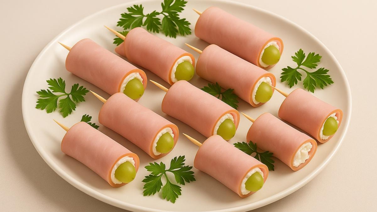 Рулетики из ветчины с сыром и виноградом