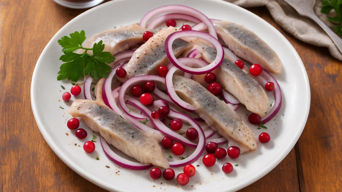 Солёная сельдь с луком и брусникой Солёная сельдь с луком и брусникой