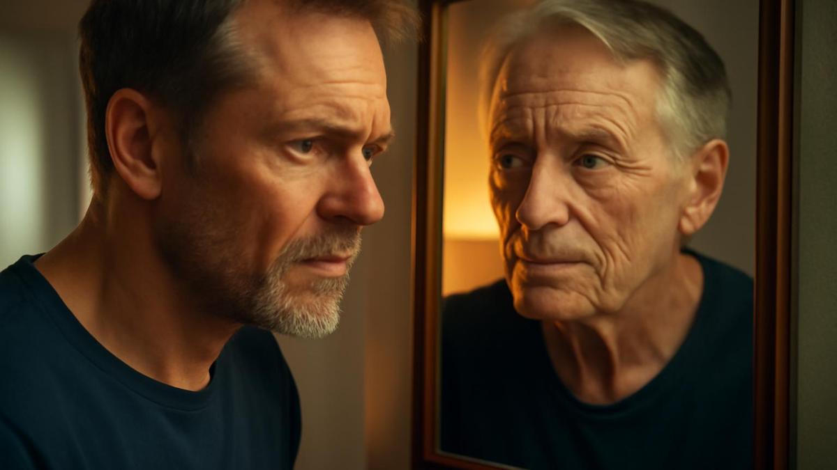 Человек смотрит в зеркало и видит старение