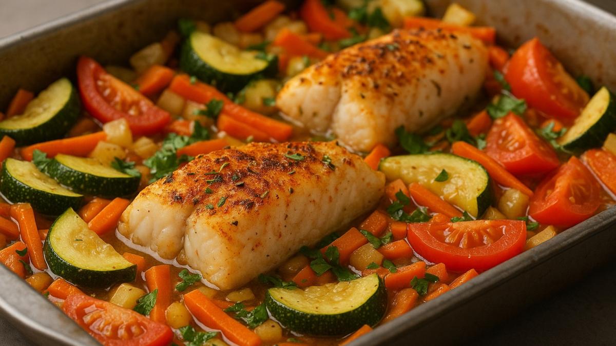 Запечённый минтай с овощами