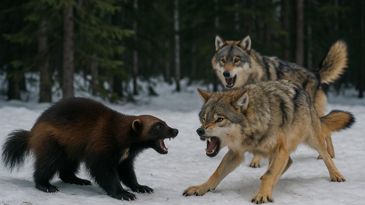 Противостояние росомахи и волков в зимней тайге