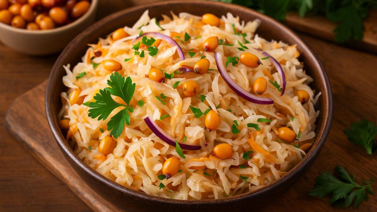 Салат из квашеной капусты с облепихой Салат из квашеной капусты с облепихой