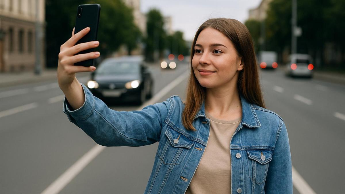 Девушка делает селфи на дороге Девушка делает селфи на дороге