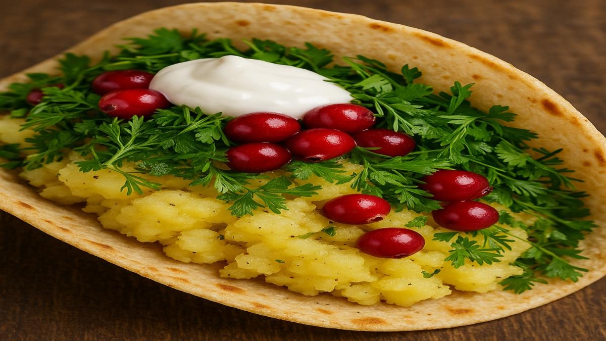 Тако с картофелем, зеленью и брусникой