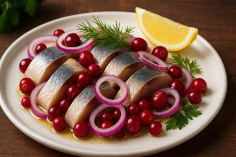 Солёная сельдь с луком и клюквой