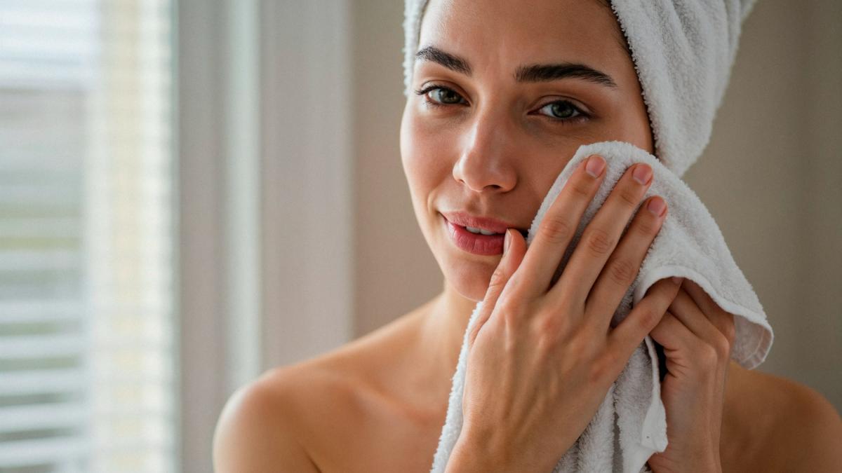 Женщина вытирает лицо полотенцем