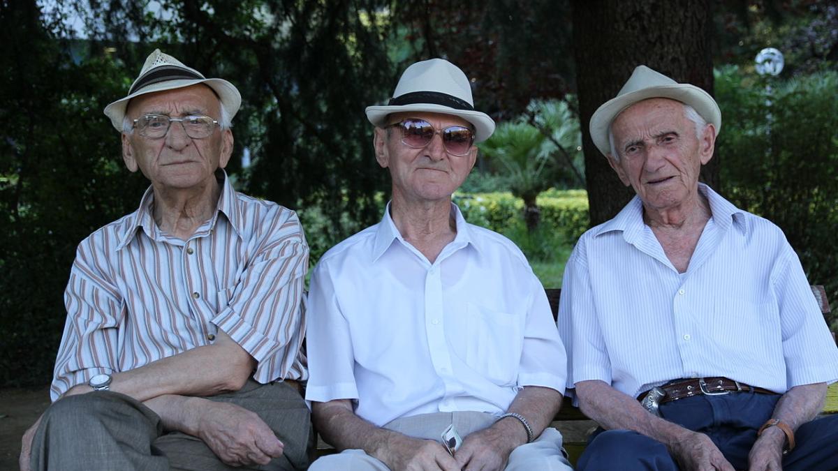 Пожилые люди сидят на скамейке в парке