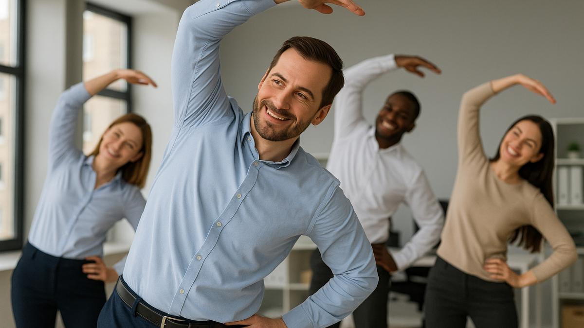 офисные работники делают упражнения