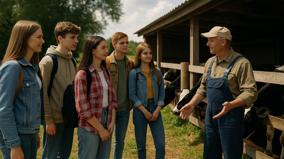 Молодёжь на экскурсии на ферме