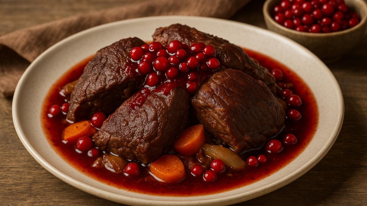 Тушёная медвежатина с брусничным соусом Тушёная медвежатина с брусничным соусом