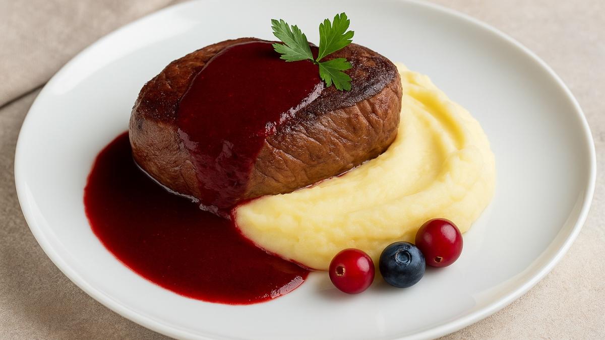Оленина с картофельным пюре и ягодным соусом