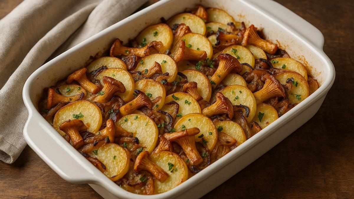 Картофель, запечённый с лисичками и луком