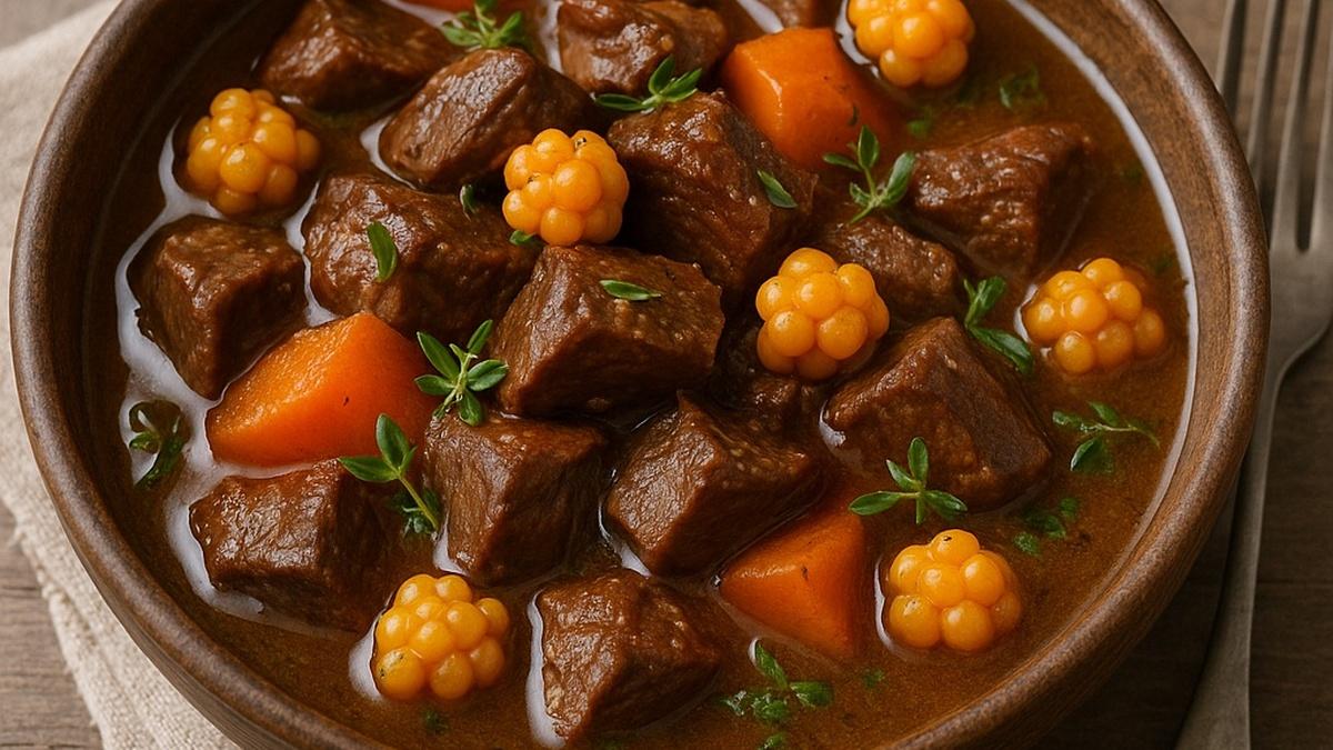 Северный гуляш из говядины с морошкой