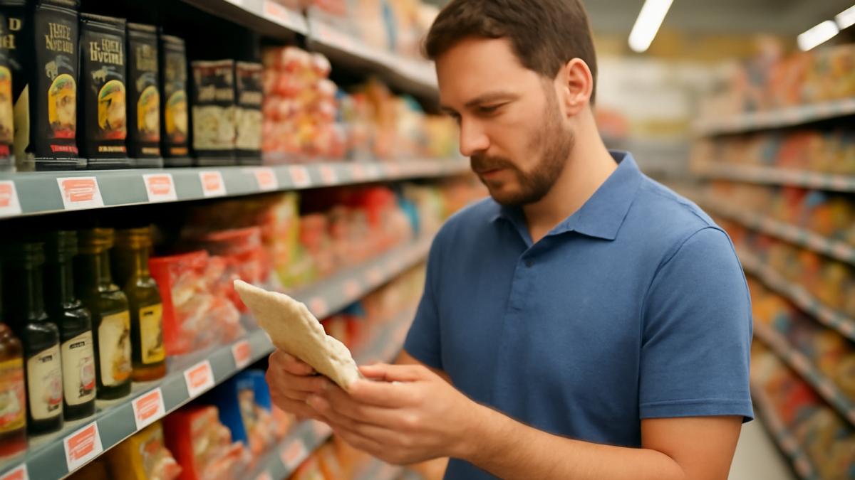 Мужчина читает этикетку в супермаркете