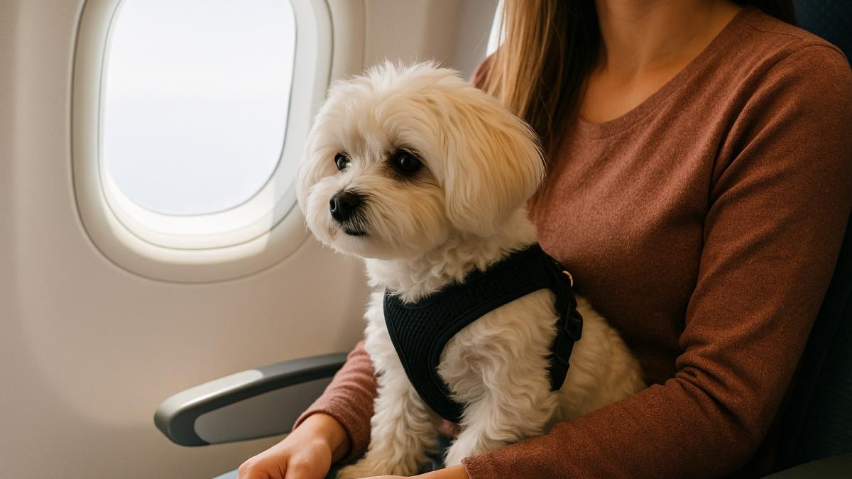 Мальтийская болонка на руках у хозяйки в самолёте
