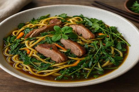 Лапша с уткой и дикими травами: рецепт по мотивам дальневосточной кухни