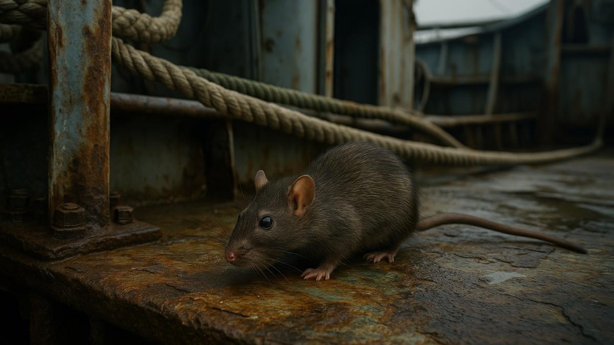 Крыса на палубе старого корабля в море