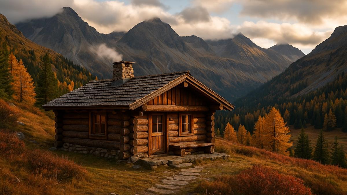 Хижина в горах осенью